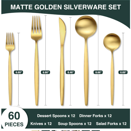 60 Pieces Stainless Steel Silverware Set Includes Knife Fork Spoon Set, Dishwasher Safe (Gold)