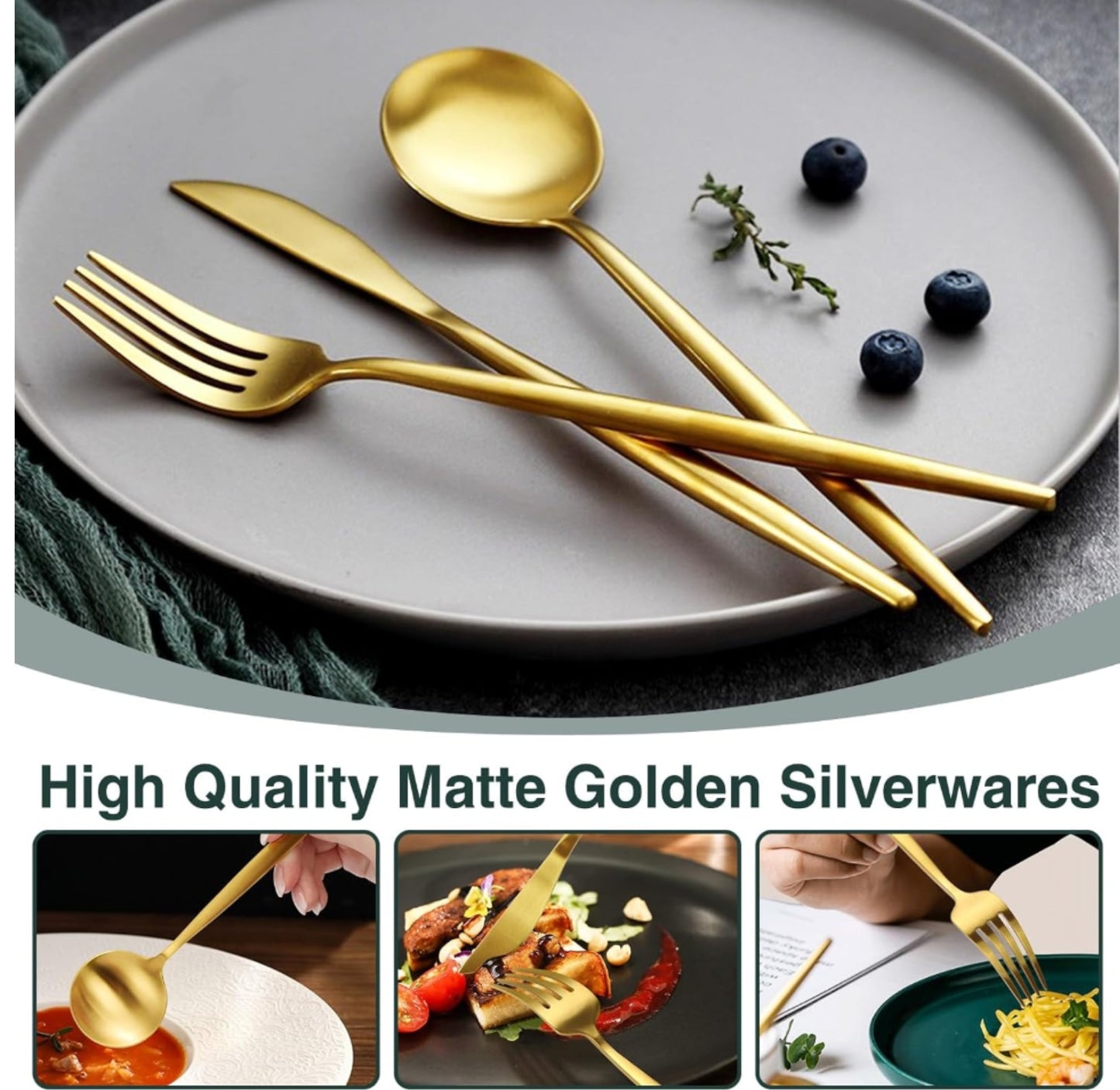 60 Pieces Stainless Steel Silverware Set Includes Knife Fork Spoon Set, Dishwasher Safe (Gold)
