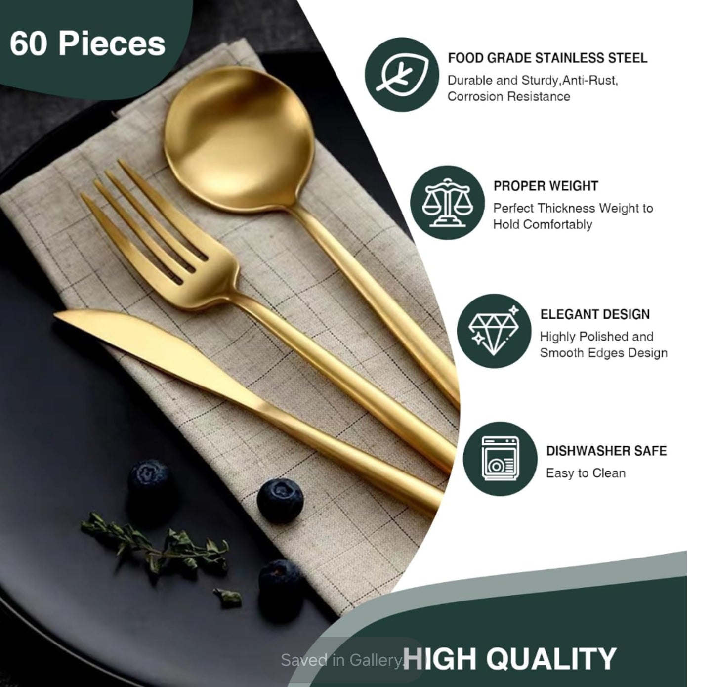60 Pieces Stainless Steel Silverware Set Includes Knife Fork Spoon Set, Dishwasher Safe (Gold)
